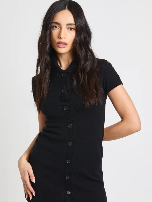 boohoo Dames Gebreide Mini-jurk Met Knoopsluiting Zwart