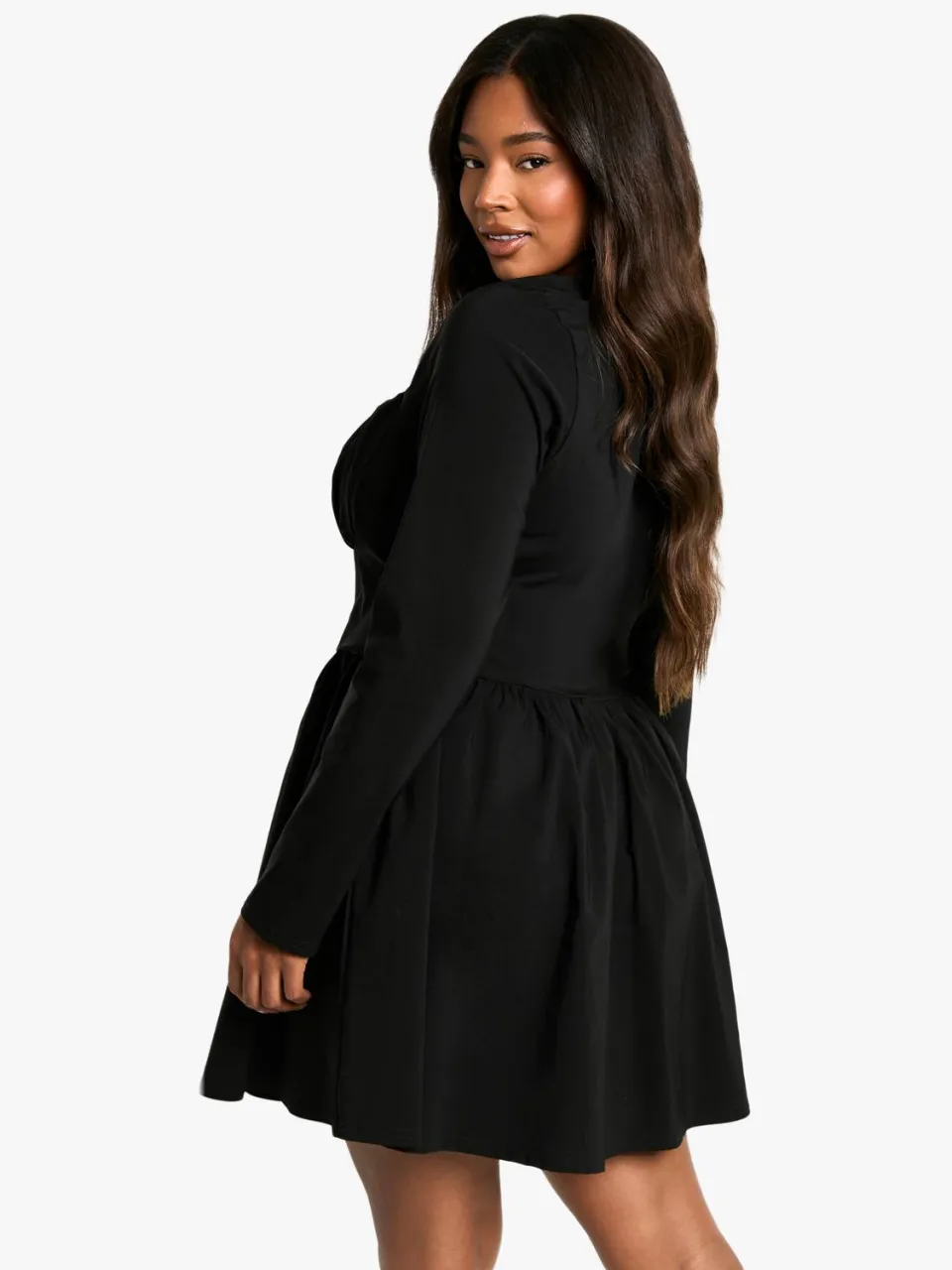 boohoo Dames Plus Bengaline Corset Jurk met Lange Mouwen en Skaterrok zwart, foto 4