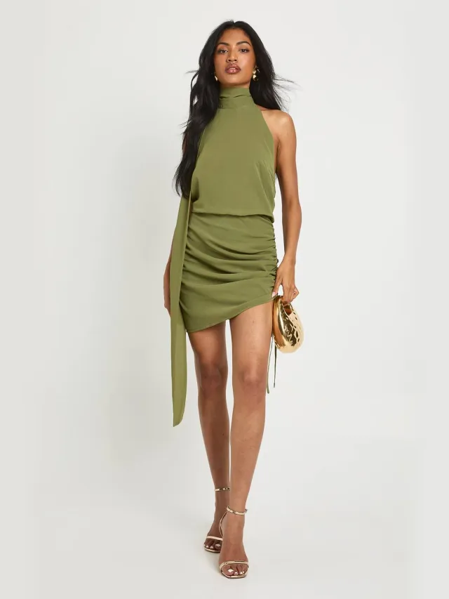 boohoo Dames Chiffon Halterneck Minijurk Olijf