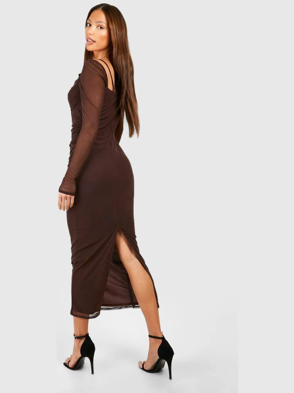 boohoo Dames Lange Meshjurk met kanten trimdetail in midaxi lengte chocoladebruin, foto 2
