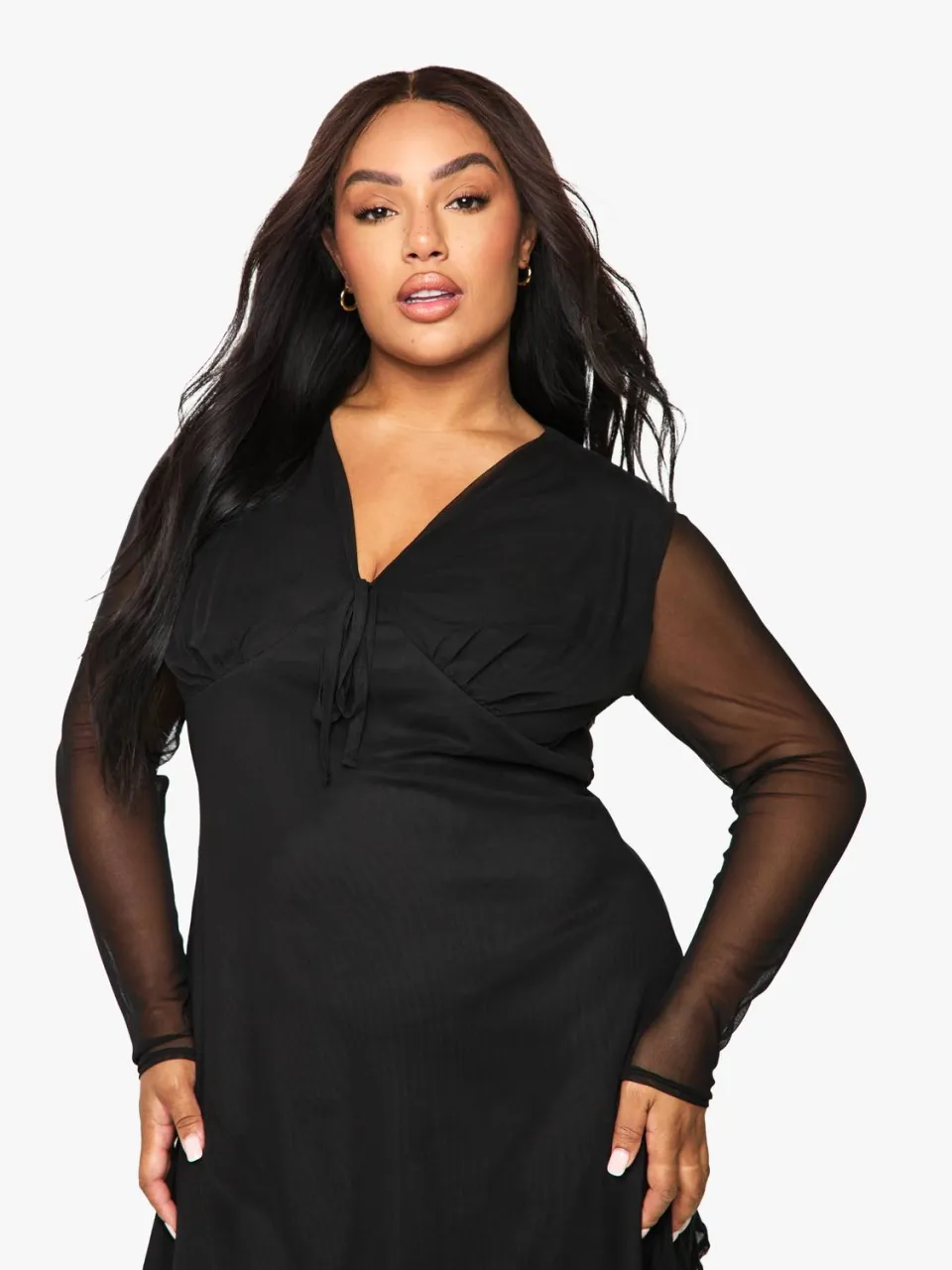 boohoo Dames Plus Tie Bust Mesh Skater Jurk zwart, foto 4