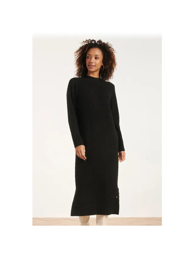 Smashed Lemon 24631 e gebreide midi jurk met kabelstructuur Zwart