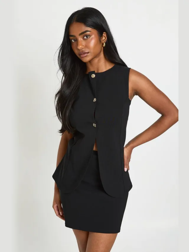 boohoo Dames Bengaline Gilet Jurk 2-in-1 Met Gouden Knopen, foto 2
