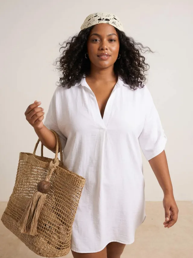 Trendyol Curve Dames Wit Effen Kort / Mini Driekwart mouw Strandkleding A-lijn Grote maten Jurk