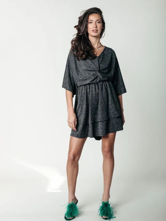 Colourful Rebel Mencia Lurex Stripe V-Neck Dress Metallic silver