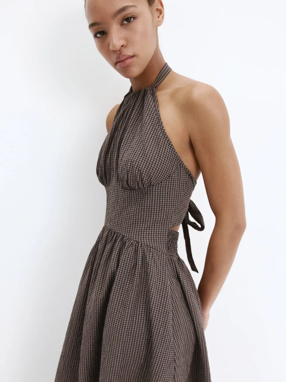 Mango halter geruite midi jurk met open rug - bruin, foto 3