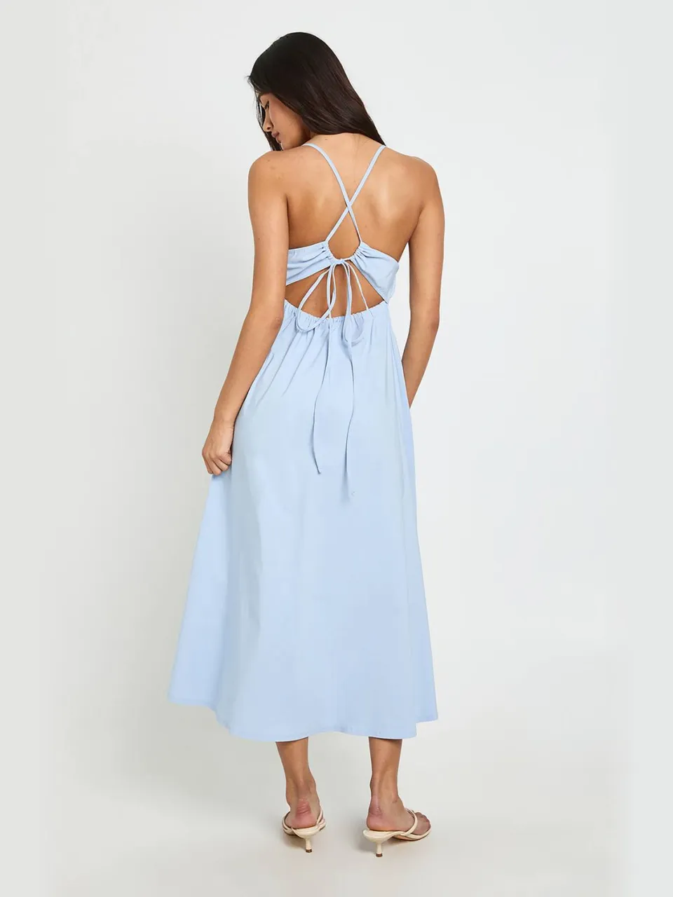 boohoo Dames Bengaline Midaxi Jurk Met Elastische Taille Detail En Gekruiste Bandjes Op De Rug babyblauw, foto 3