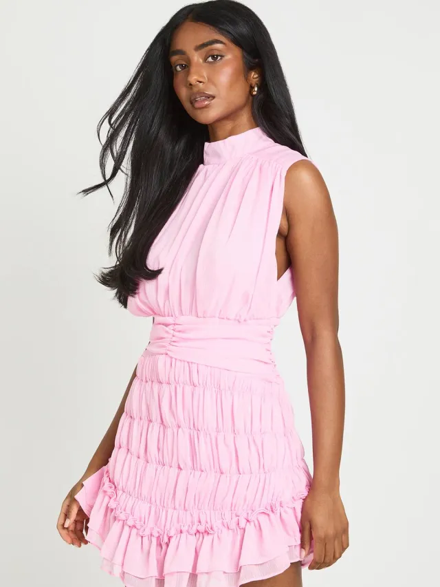 boohoo Dames Gestructureerde Chiffon Mini-jurk Met Hoge Hals En Verlaagde Zoom pastelroze, foto 2