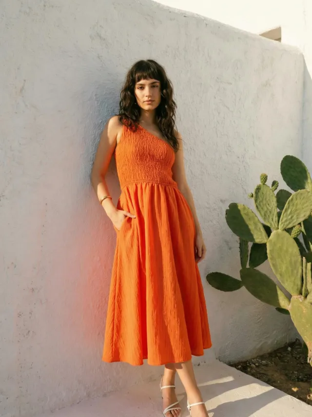 Trendyol TRENDYOLMİLLA Dames Oranje Effen Midi Mouwloos Casual Skater Jurken