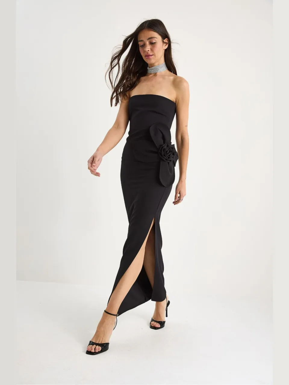 Bianco Lucci Strapless Bloemen Maxi Jurk met Strikdetail zwart, foto 2
