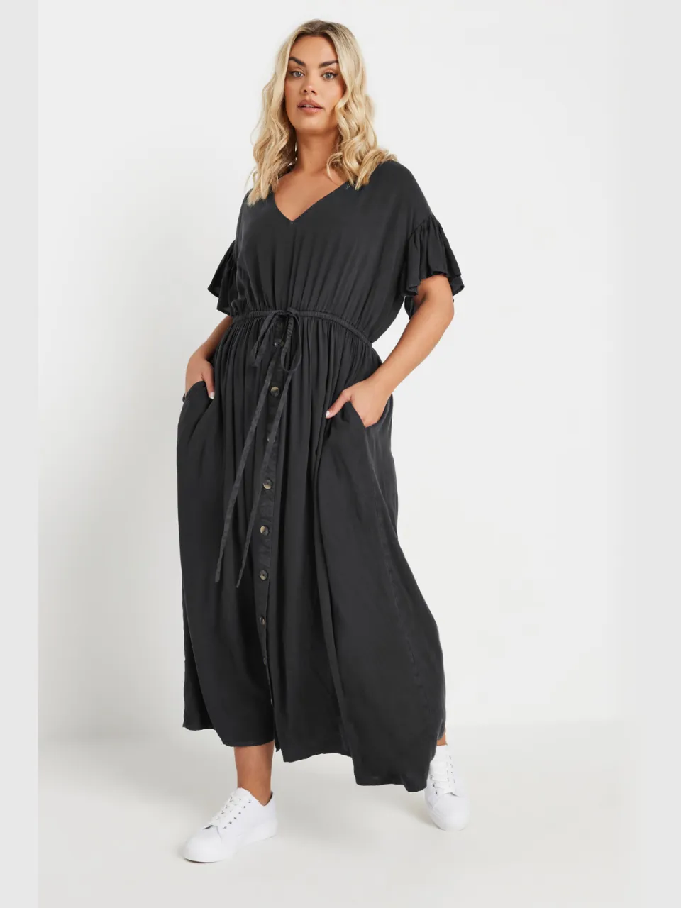 Yours Chambray Maxi Jurk Met Korte Mouwen En Knoopdetail In Zwart-52, foto 2