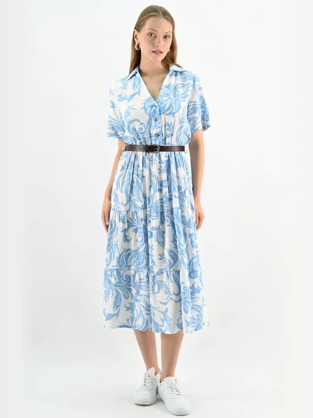 YESMOOI Midi Blousejurk met Ceintuur - Lichtblauwe Bladprint - XL (42)