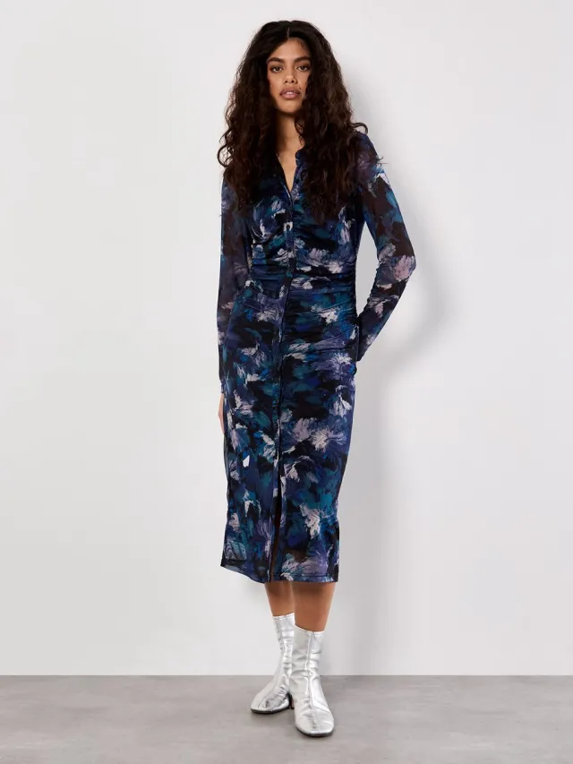 Apricot Floral Mesh Ruched Midi Dress Teal