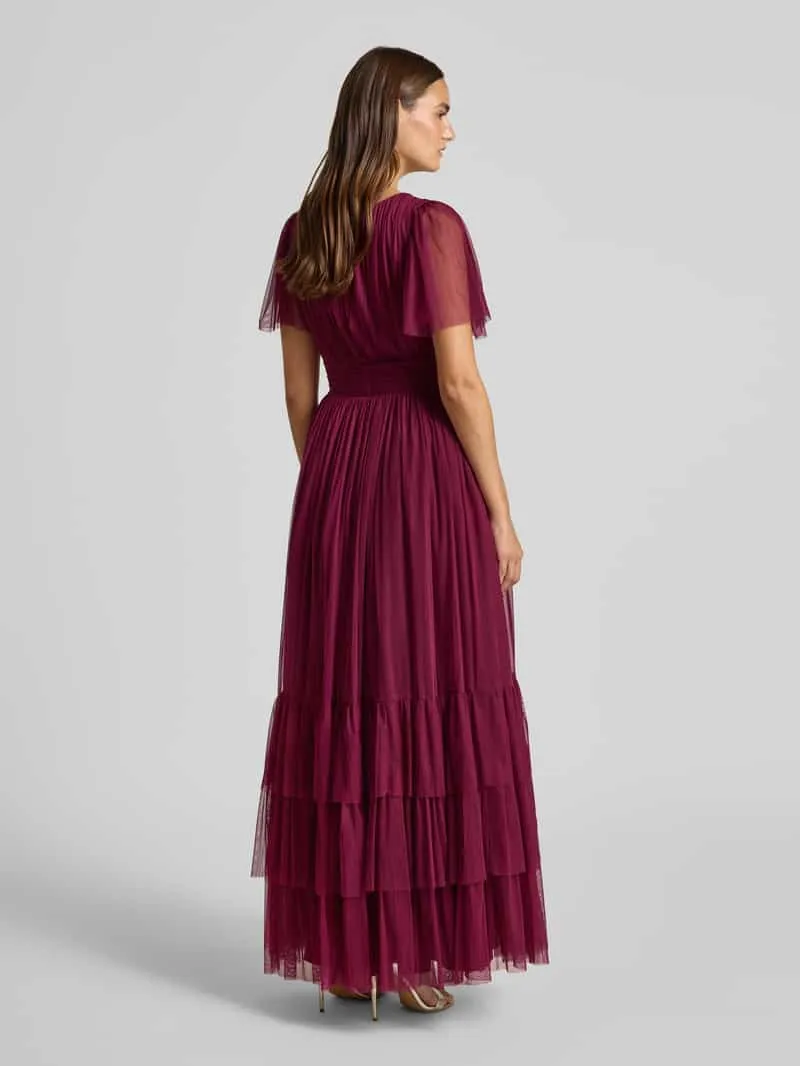 Lace & Beads Avondjurk met diepe V-hals donkerrood, foto 3