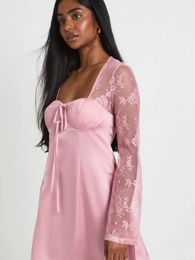 boohoo Dames Kanten Mini-jurk Met Wijde Mouwen Roze