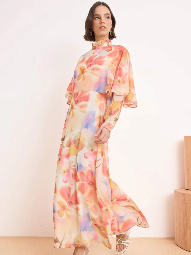 Turkishsouq Lange maxi-jurk met bloemenprint en A-lijn model voor dames, geschikt voor hijab. Roze