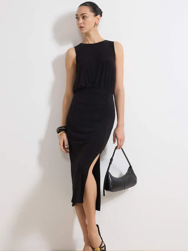 Turkishsouq Platte, mouwloze midi-jurk voor dames, geschikt voor overdag en 's avonds. Nauwsluitende bodycon-jurk. Zwart