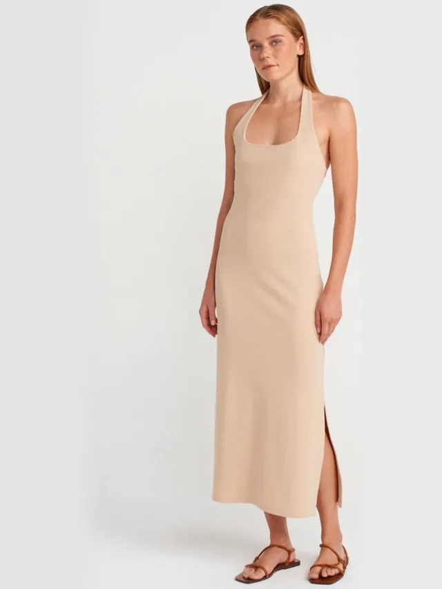 Dilvin Geribde Halter Midi-jurk met Split Beige