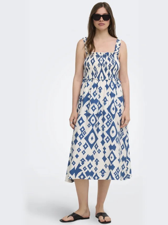 Only maxi zomerjurk met smockwerk en print - ecru