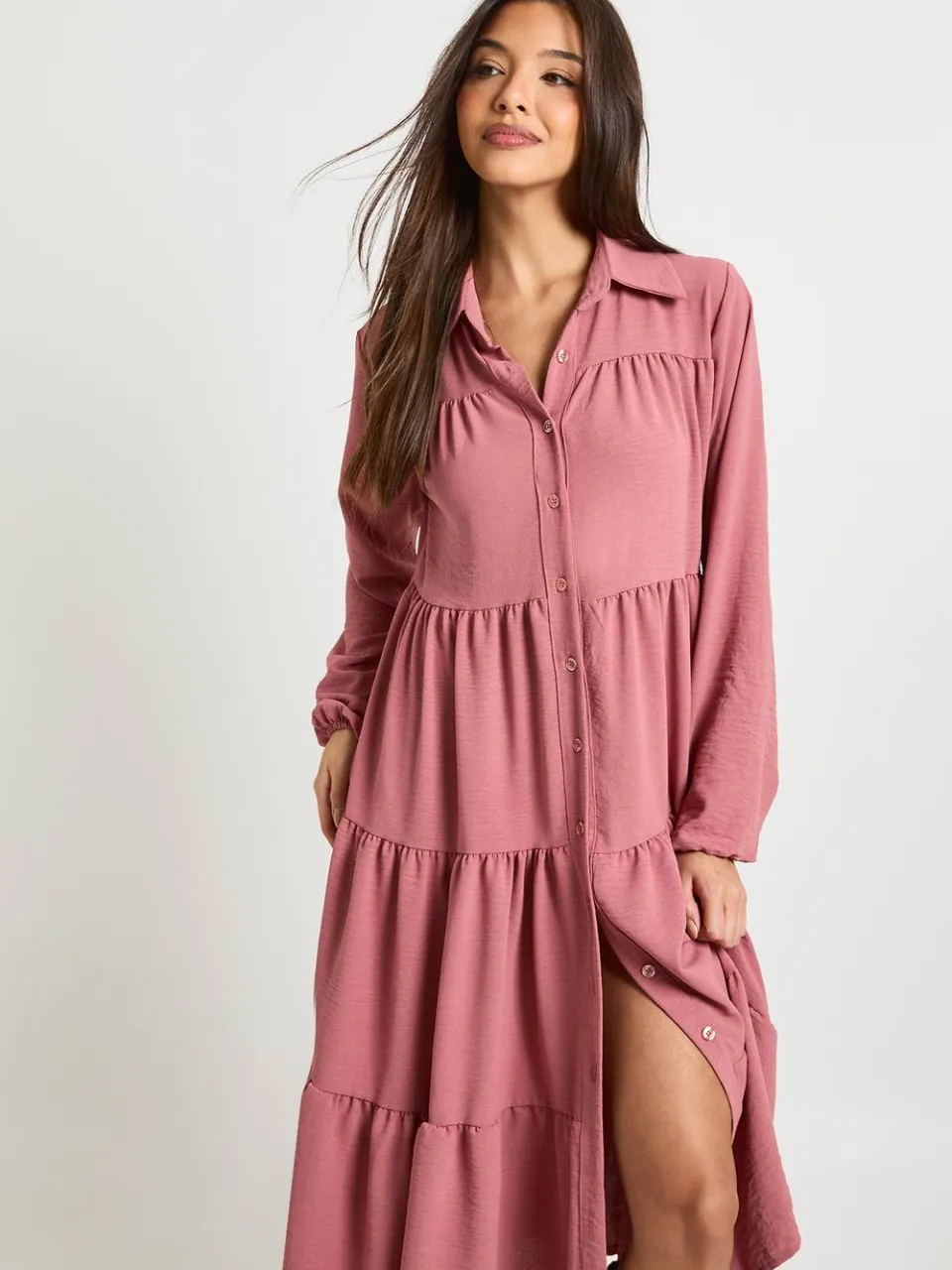 boohoo Dames Getextureerde gelaagde midi smock jurk woestijnroos, foto 3