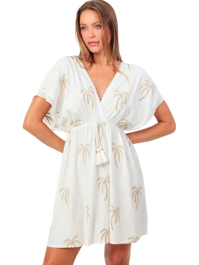Admas Korte Jurk Admas Strandjurk met slipe mouwen Golden Palms Wit