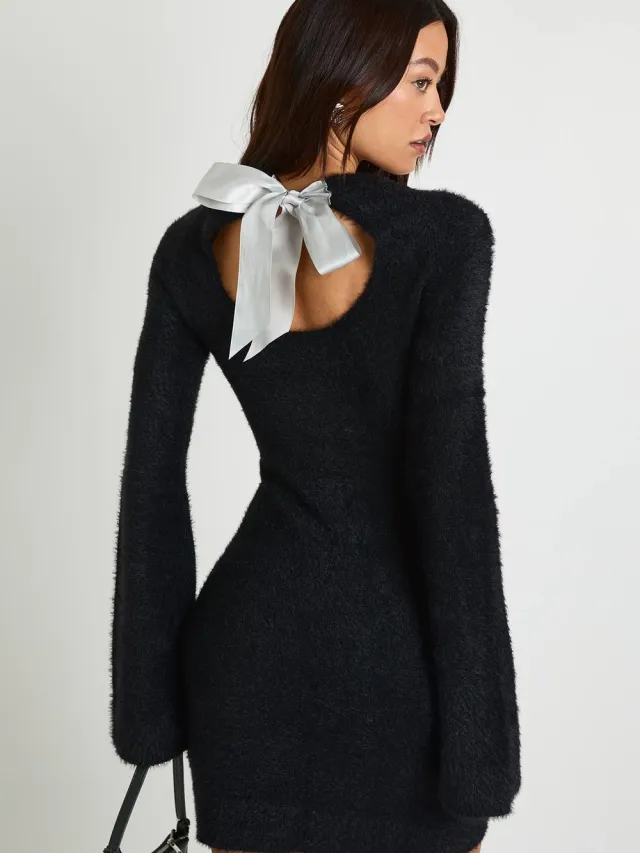 boohoo Dames Grote strik rugdetail superzachte gebreide mini-jurk Zwart
