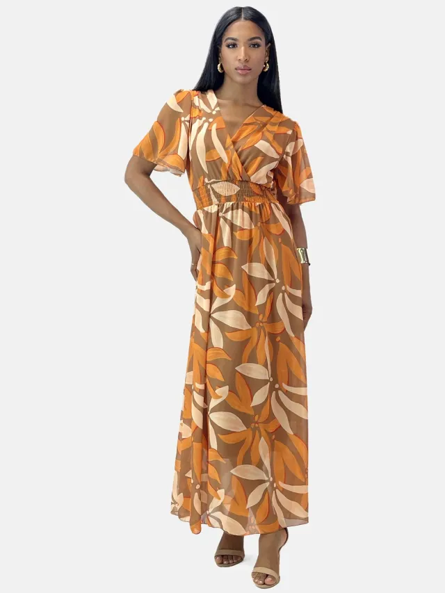Elara Zomerse maxi-jurk met V-hals Camel