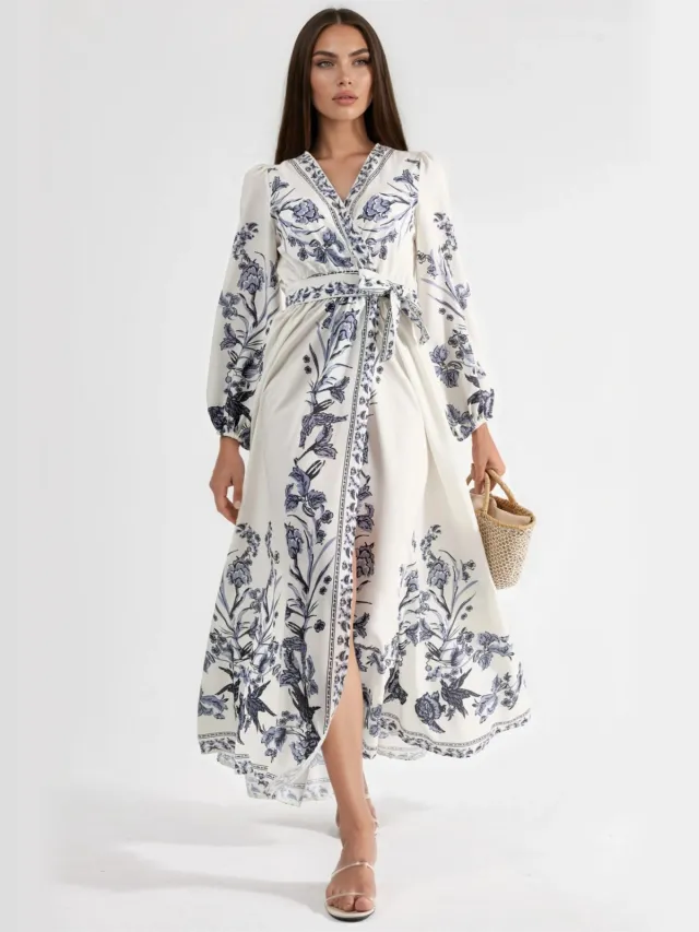 MSN Collection Florale Maxi Jurk met V-hals en Strikdetail Wit