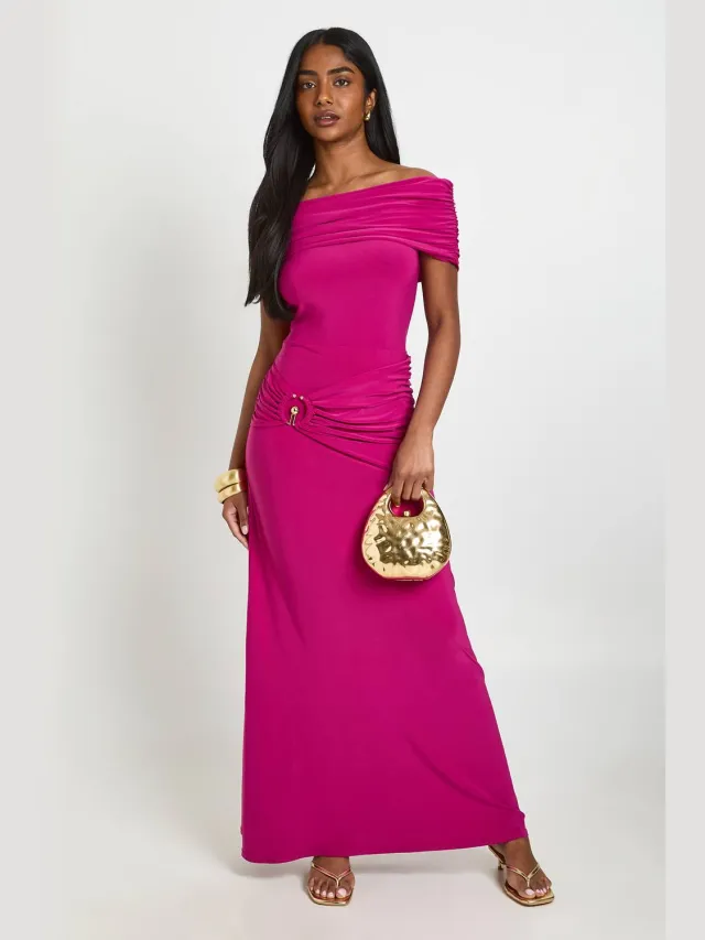 boohoo Dames Geplooide Bardot Maxi Jurk Met Detail Afwerking Magenta