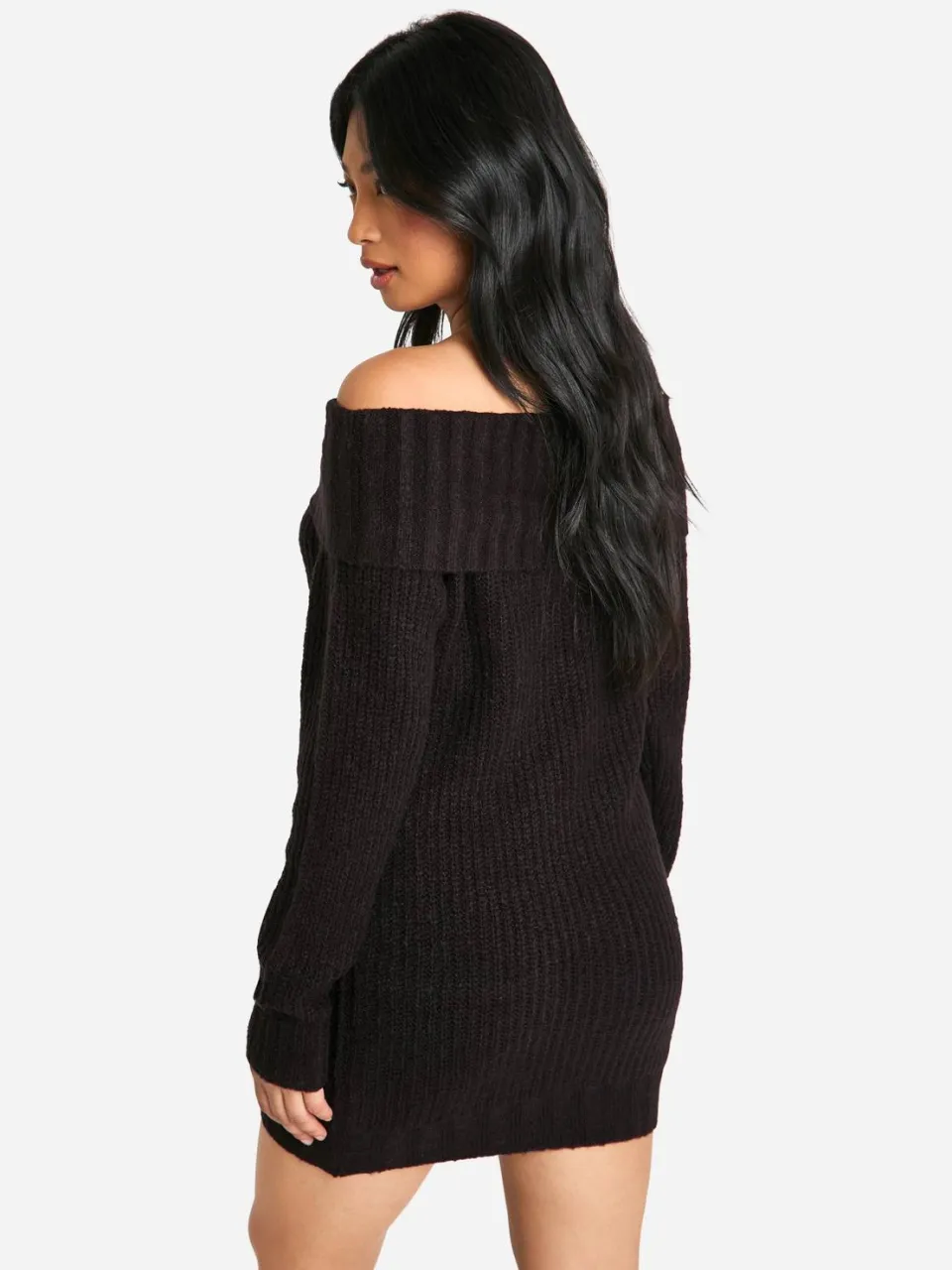 boohoo Dames Petite Wide Rib Bardot-neklijn mini jumpersjurk zwart, foto 2