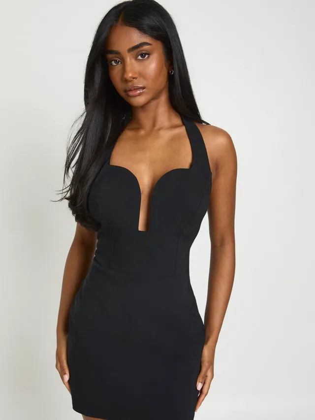 boohoo Dames Bengaline Halter Cut-out Corset Mini Jurk Zwart
