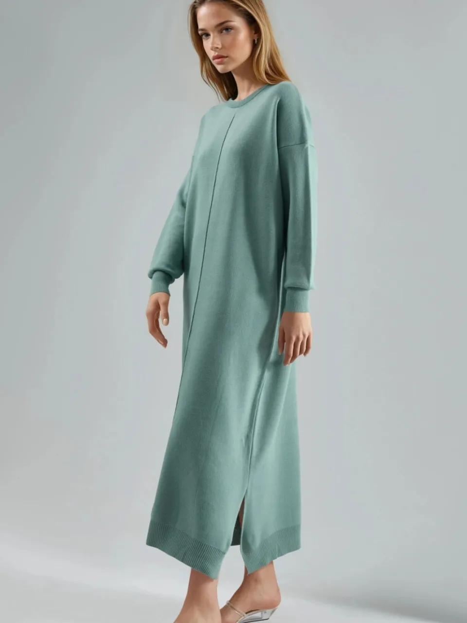 MyFashion Maxi Geribd Gebreid Jurk met Ronde Hals saliegroen, foto 2