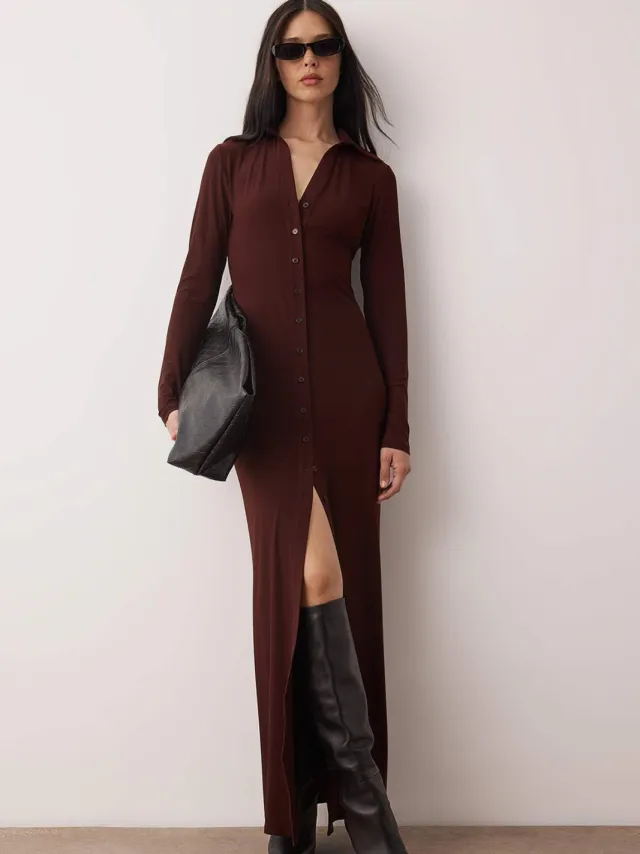 Trendyol TRENDYOLMİLLA Dames Bruin Effen Maxi Lang Casual Bodycon Jurken