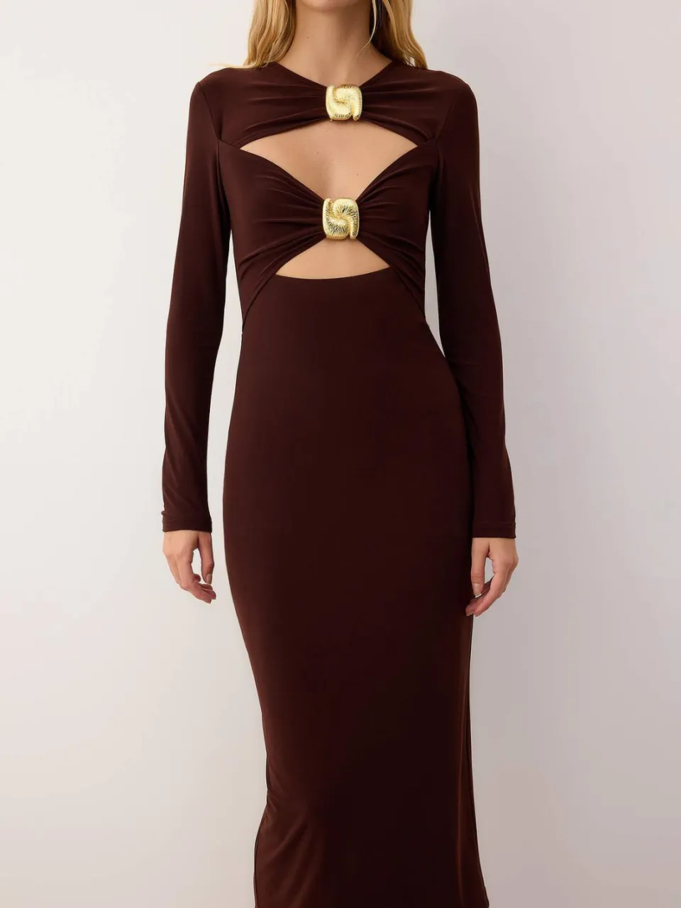 Trendyol TRENDYOLMİLLA Dames Bruin Effen Midi Lang Stijlvol/Avond Bodycon Jurken, foto 2