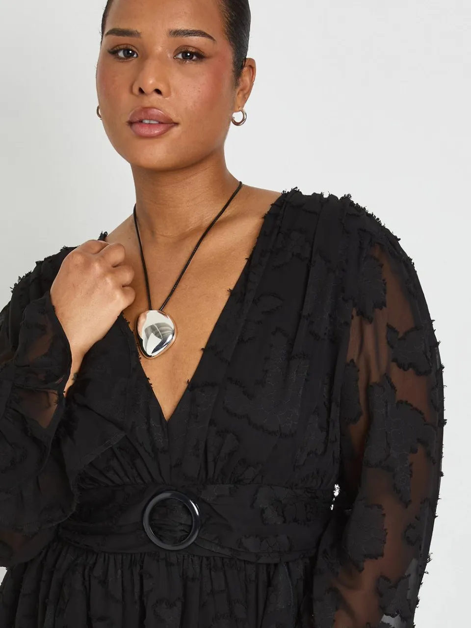 boohoo Dames Plus Burnout Bloemen Lange Mouw Skater Jurk zwart, foto 3