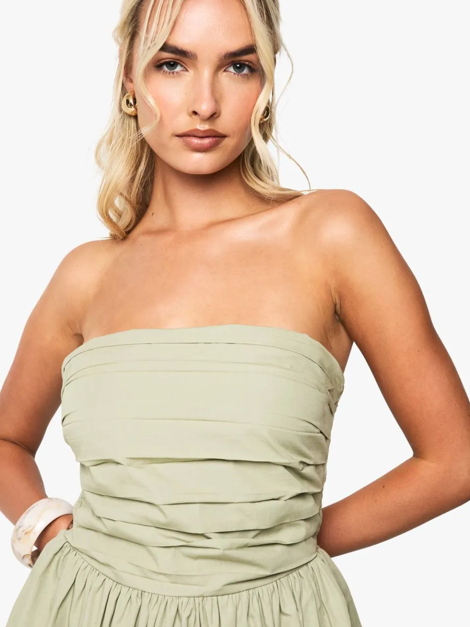 boohoo Dames Katoenen poplin bandeau puffball mini jurk verstandig, foto 4