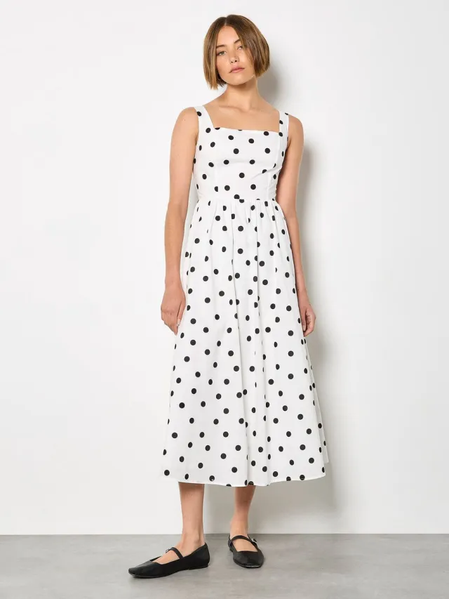 Apricot Midi-jurk met polkadot-smockwerk Wit