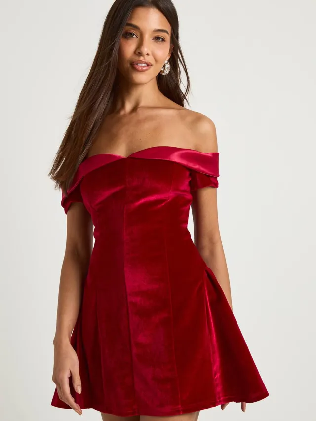 boohoo Dames Fluwelen Bardot Rok Mini Jurk Rood