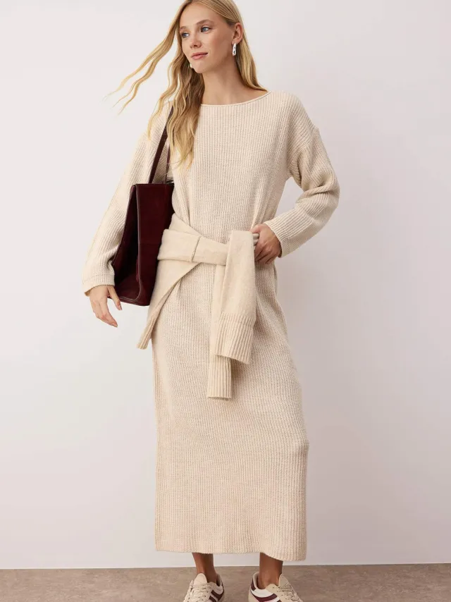 Trendyol TRENDYOLMİLLA Dames Beige Effen Maxi Lang Casual Recht Jurken Gebroken wit