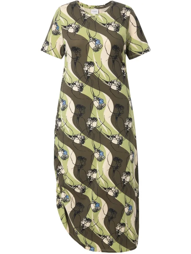 Ulla Popken Dames - Jersey maxi-jurk ronde hals korte mouwen biologisch katoen - Kakibruin - Maat 54+