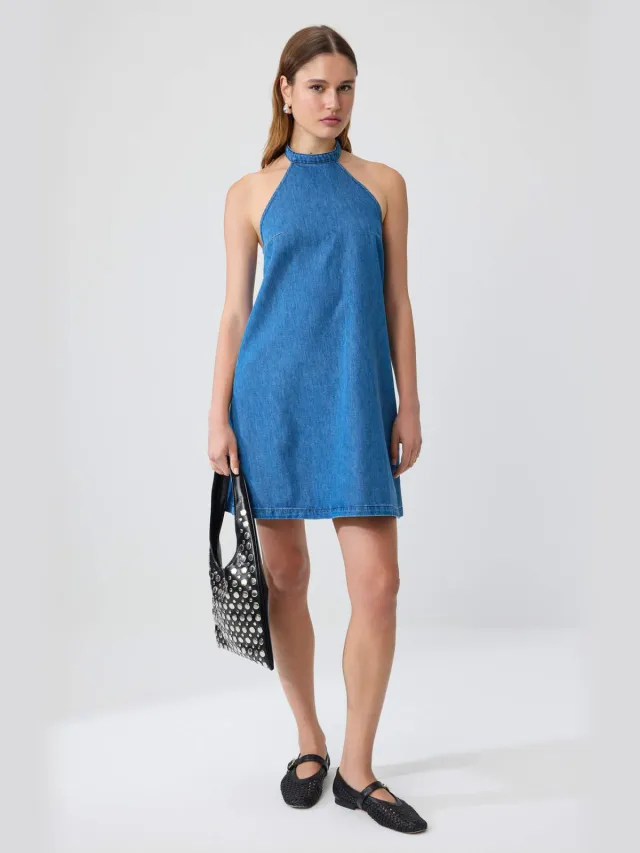 Trendyol TRENDYOLMİLLA Dames Blauw Effen Extra Kort / Super Mini Mouwloos A-lijn Jurken