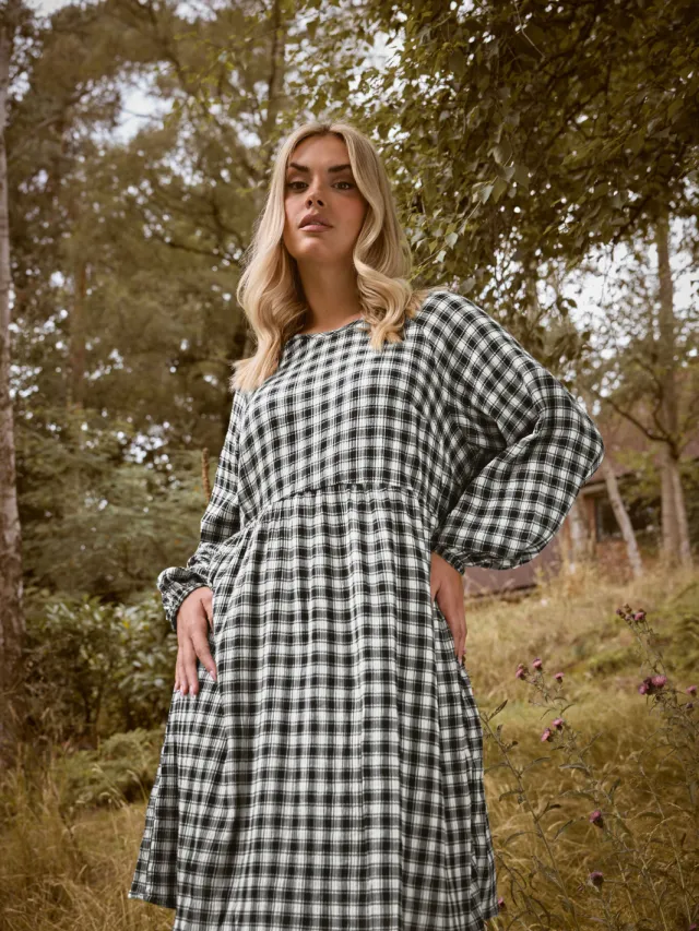 Yours Zwarte Geruite Textuur Smock Jurk Black