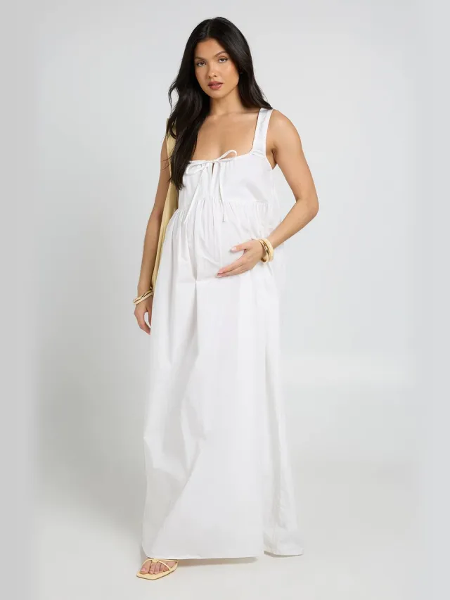 boohoo Dames Zwangerschaps Maxi Jurk Met Strikdetail Vooraan Wit