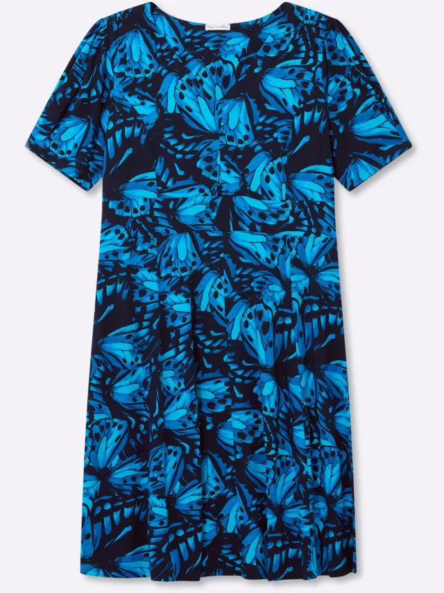 Jersey jurk diepblauw/koningsblauw gedessineerd