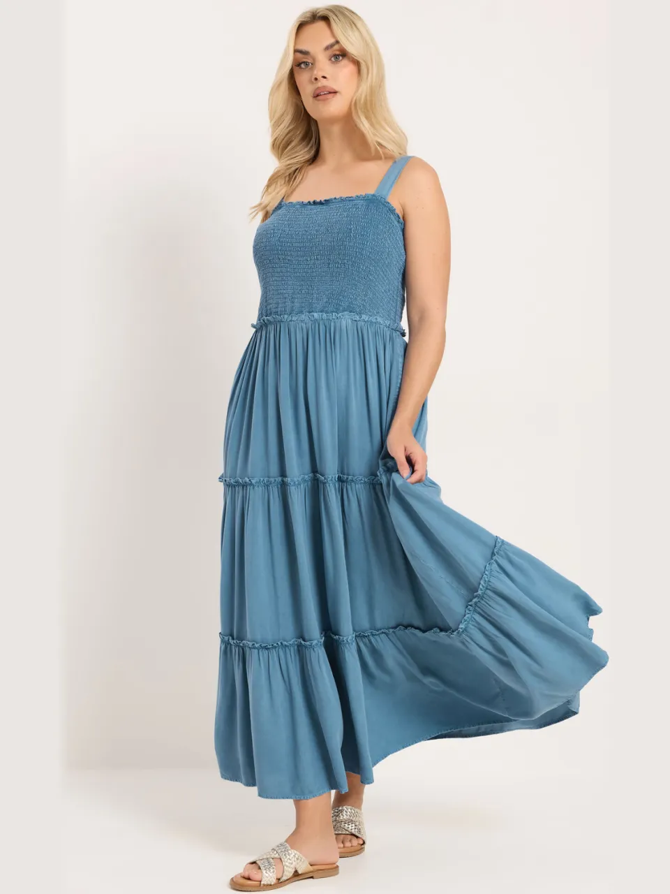 Yours Blauwe Chambray Maxijurk Met Gesmokte Bandjes, foto 2