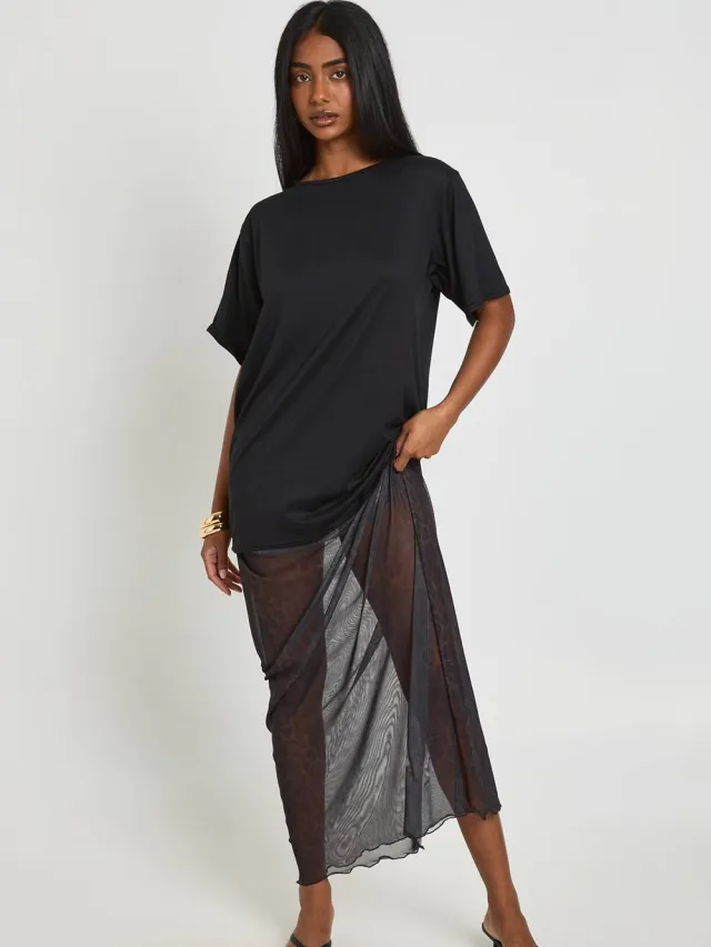 boohoo Dames T-shirt Jurk Met Luipaardprint Mesh Zoom Zwart