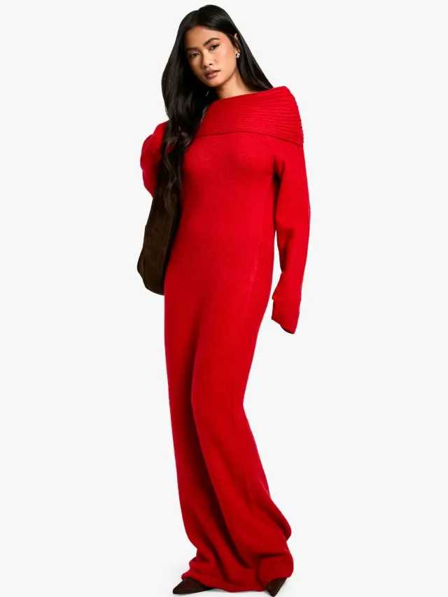 boohoo Dames Premium Oversized Rib Bardot Halslijn Zachte Gebreide Jumper Jurk Rood