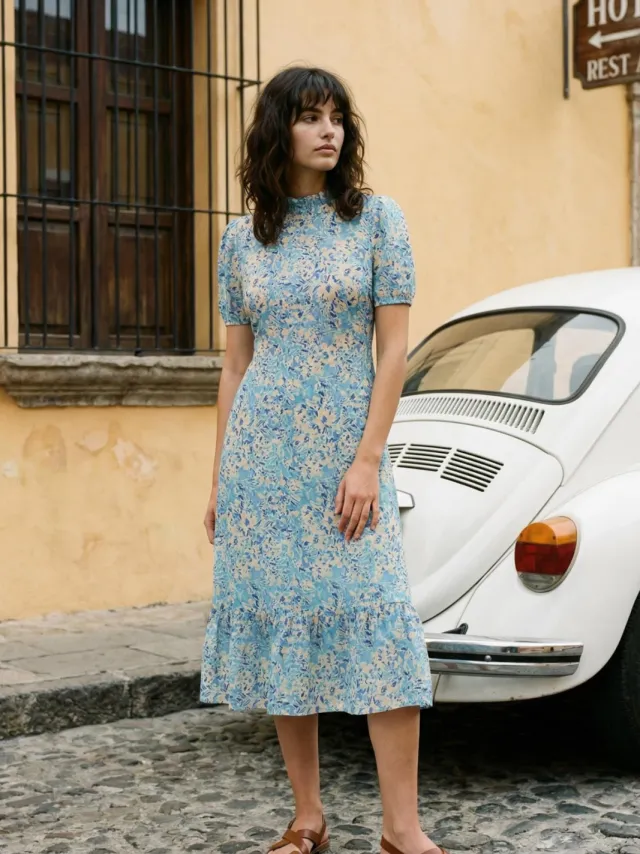 Trendyol TRENDYOLMİLLA Dames Blauw Bloemen Midi Kort Avond / Dagelijks A-lijn Jurken