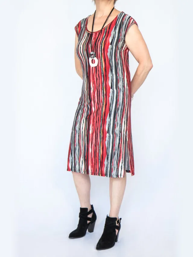 vetla Rood gestreepte elegante jurk met zijsplitten