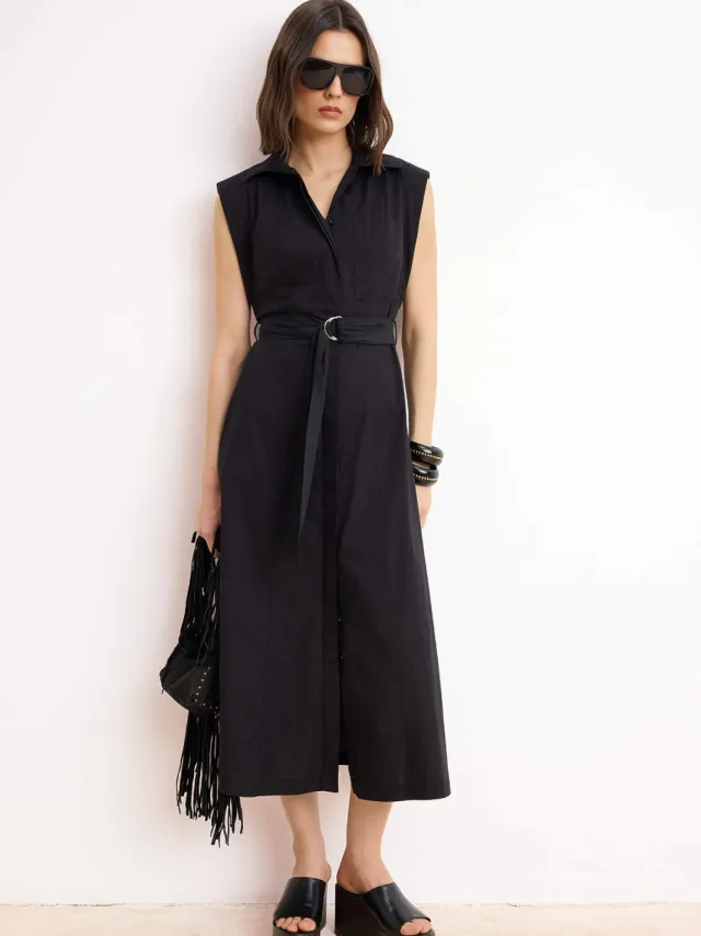 Trendyol TRENDYOLMİLLA Dames Zwart Effen Midi Mouwloos Casual Blousejurk Jurken